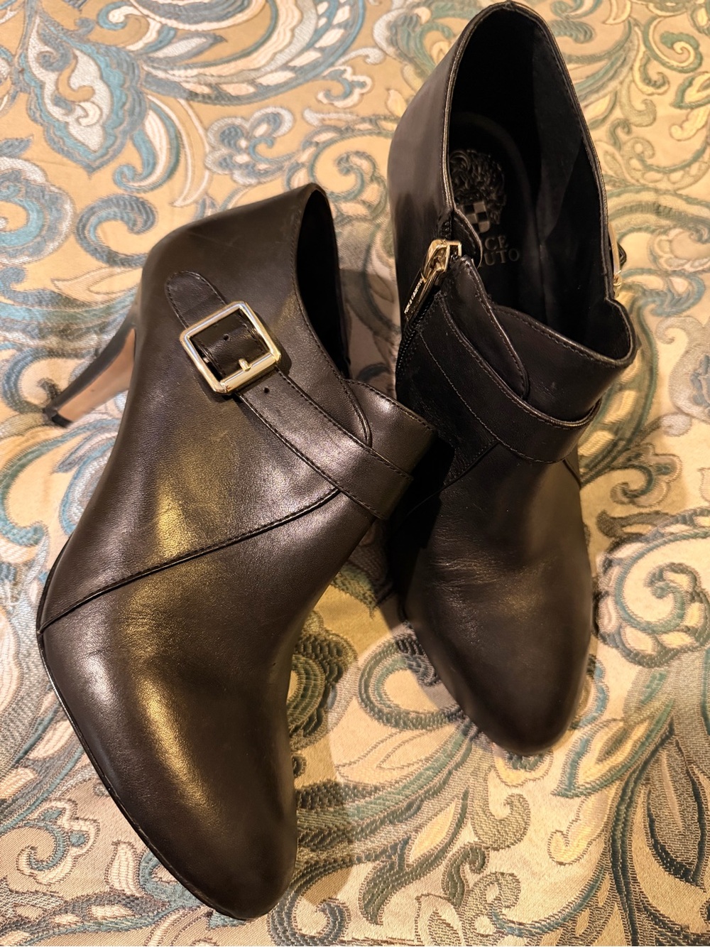 Vince Camuto Black Leather Ankle Booties with Gold Buckle